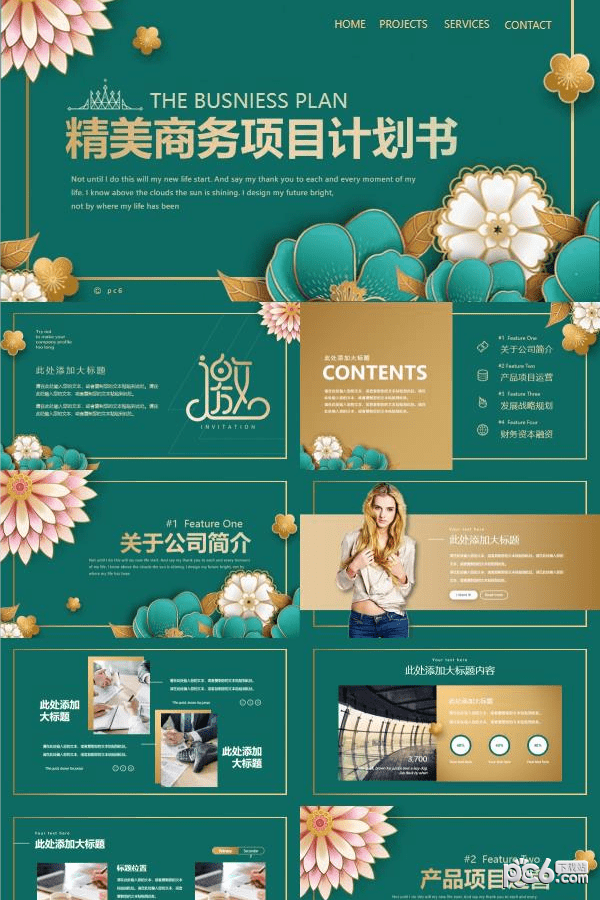 精美绿底金边花卉商业计划书PPT模板