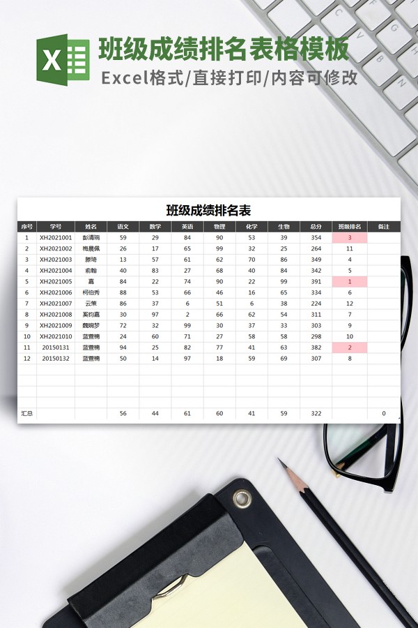 班级成绩排名表格模板-班级成绩排名表格模板下载 免费版