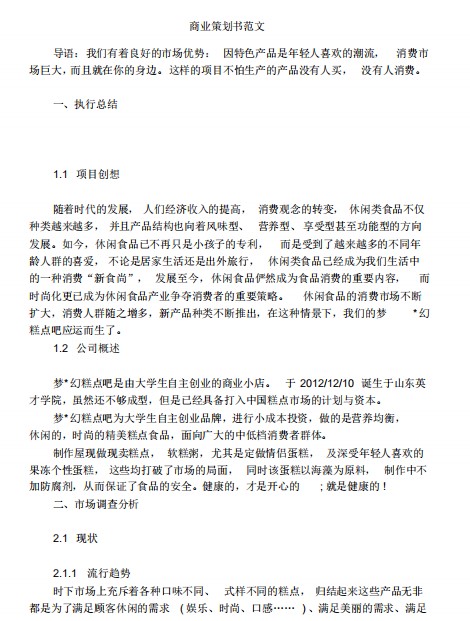 商业策划书范文下载-商业策划书模板免费版