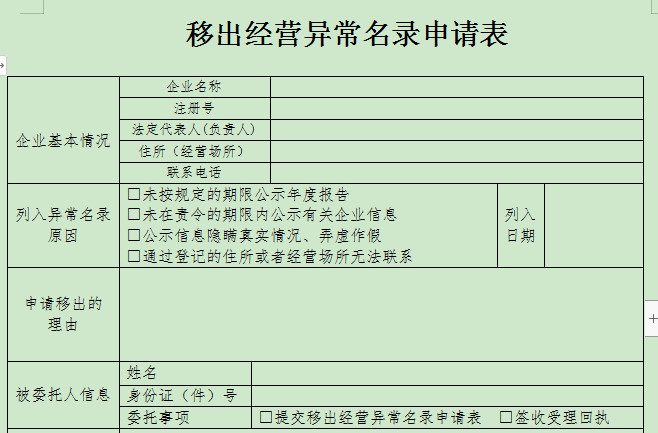 企业移出经营异常名录申请表下载-移出经营异常名录申请表模板word版